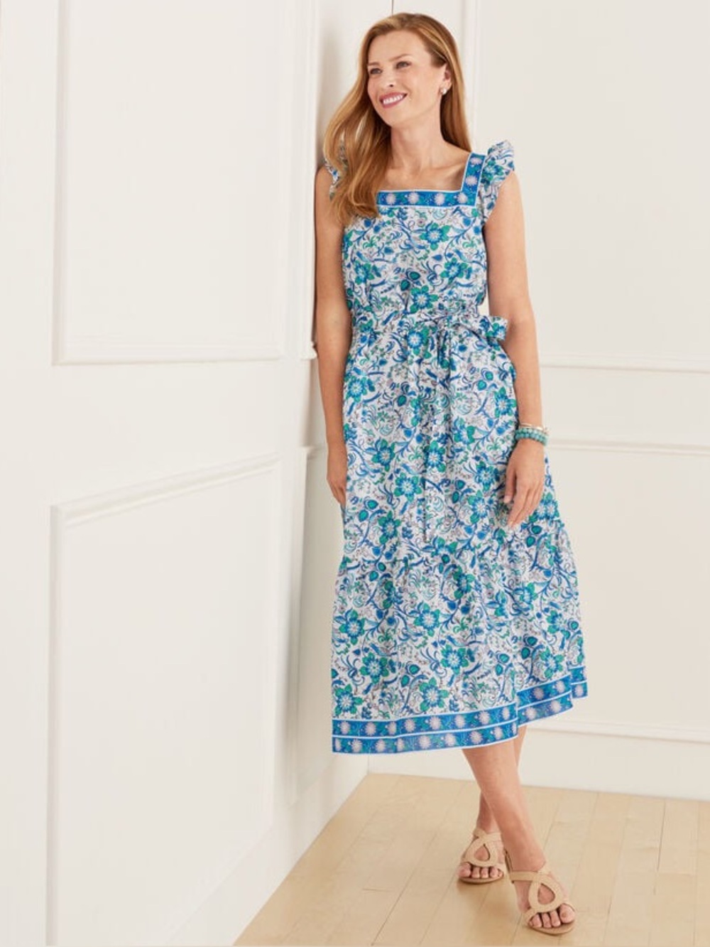 Talbots Voile Square Neck Midi Dress in Songbird Floral Blues 8P Petite Cotton